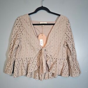 Listicle "Only This Top" Sage Green Eyelet Cotton Tie Front Peplum Top NWT Large